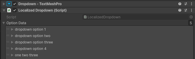 LocalizedDropdown component in the inspector