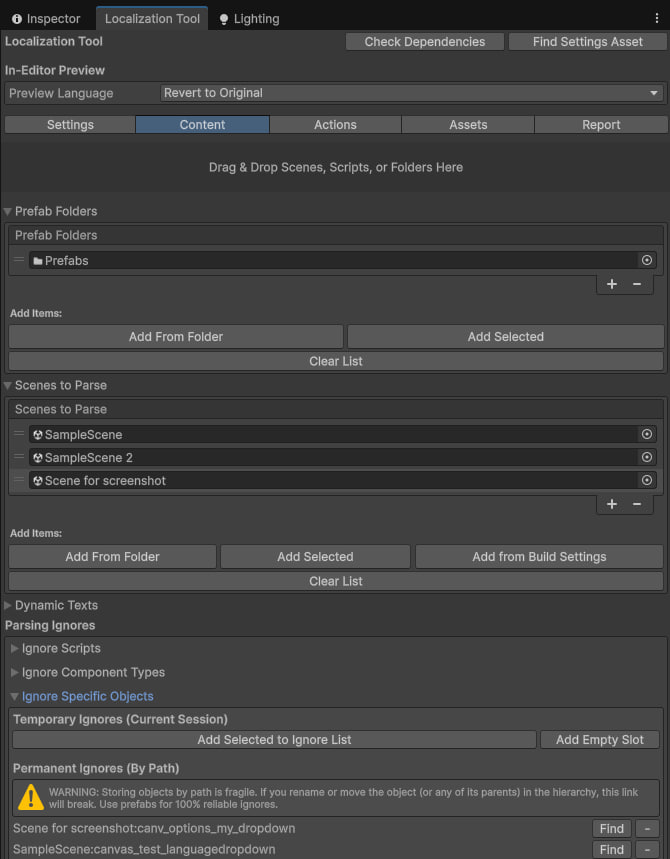 Content tab with settings