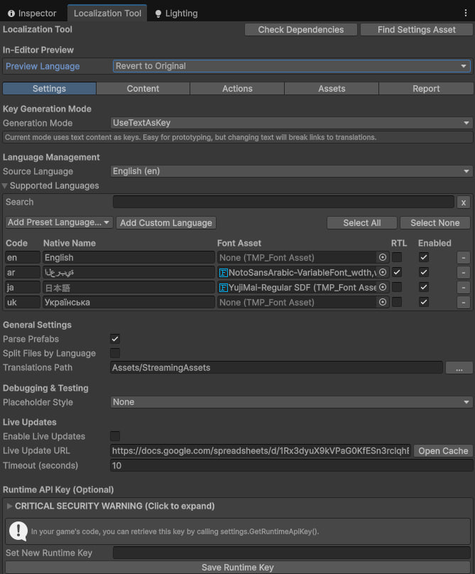 Settings tab overview