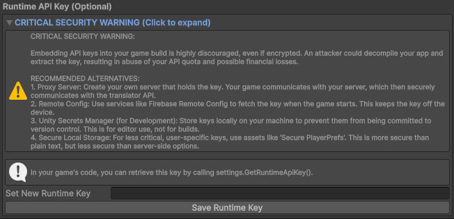 Runtime API Key section